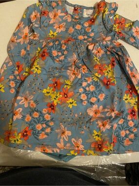 Carter's Light Blue Floral Long Sleeve Dress with Orange Accents
